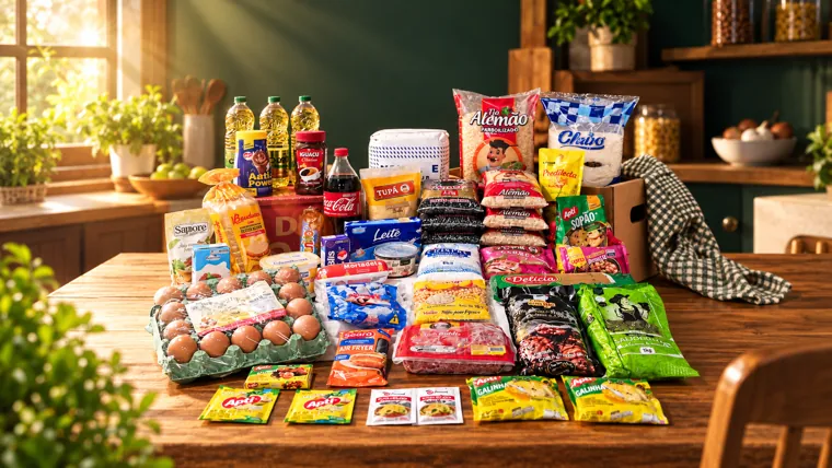 Itens do Kit Família organizados sobre a mesa da cozinha